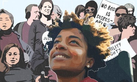 A digital illustration by CK Nosun features the smiling face of a young, black, wheelchair user with natural hair. Behind this figure is a group of activists for disabled rights, including someone holding a sign reading "No body is disposable."