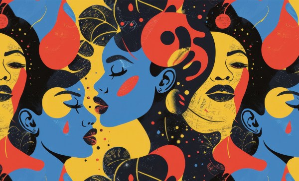 A graphic illustration of bright red, yellow, black, and ochre yellow of round blobs and women's faces.