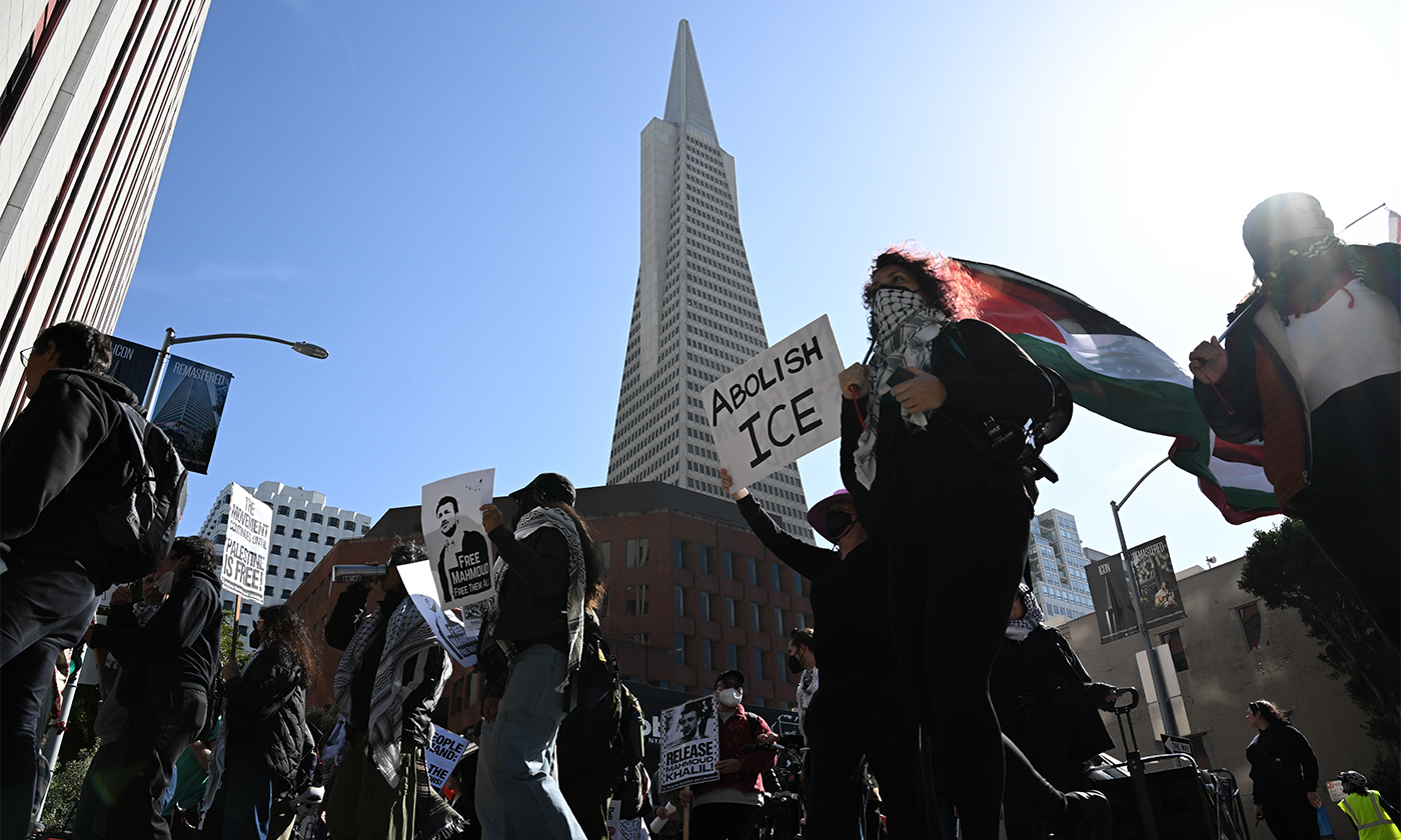 Hundreds of anti-ICE protesters gathered outside of the immigration and naturalization office in San Francisco on April 14, 2025, to protest unjust deportations and demand the release of activist Mahmoud Khalil.