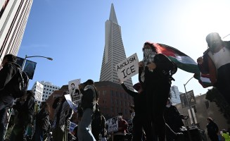 Hundreds of anti-ICE protesters gathered outside of the immigration and naturalization office in San Francisco on April 14, 2025, to protest unjust deportations and demand the release of activist Mahmoud Khalil.