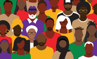 an illustration of a crowd of unique black and brown faces in colorful yellow, red, puple, and black clothing