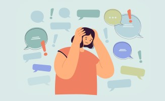 Illustration of woman surrounded by speech and information bubbles