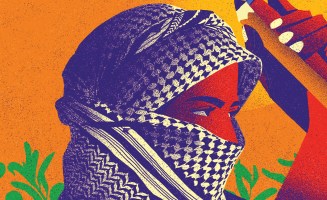 A graphic poster by artist-activist Kael Abello. Against an orange background, a woman's face, wrapped in a purple-covered keffiyah, looks steadfastly on.