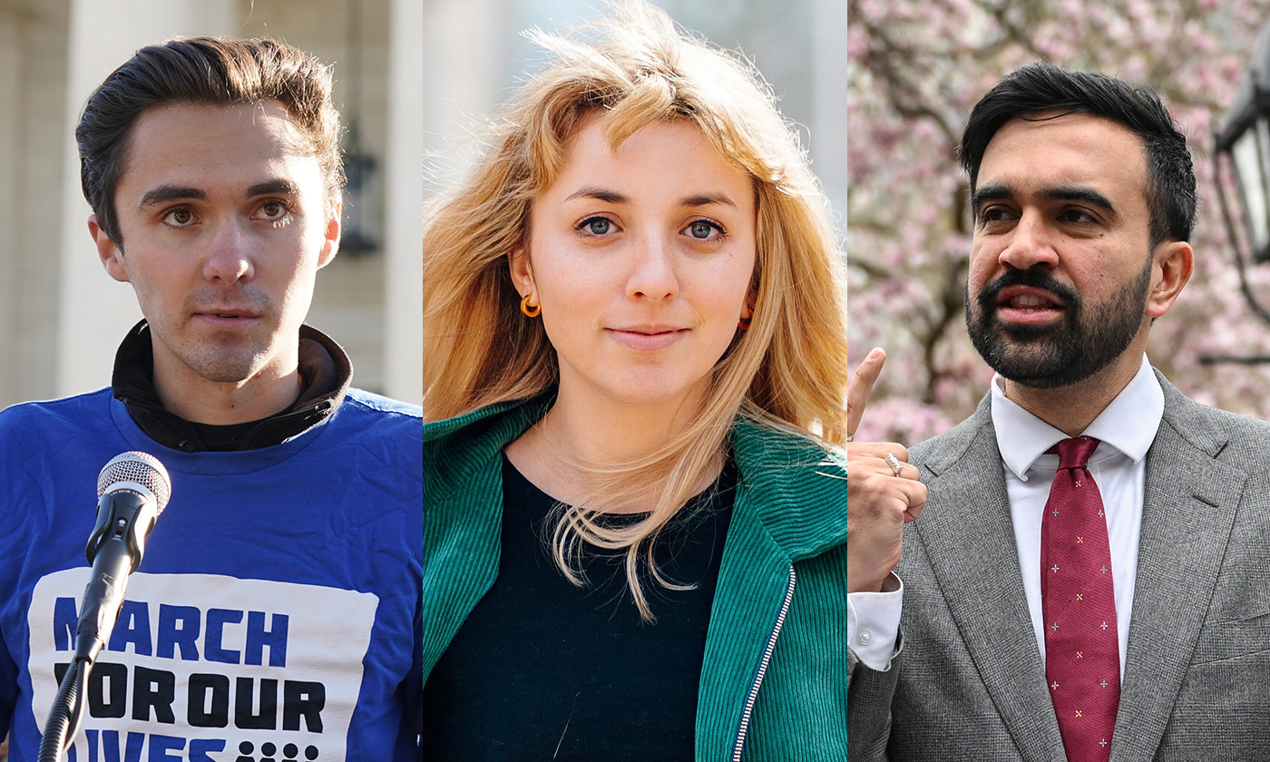 David Hogg (left), Kat Abughazaleh (center), and Zohran Kwame Mamdani (right).