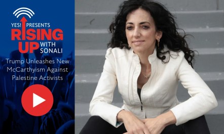 Huwaida Arraf, a Palestinian American woman with long hair, sits on stairs